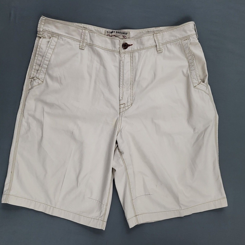 Tommy Bahama Denim Mens 40 Khaki Cotton Chino Shorts Tan Contrast Stitching